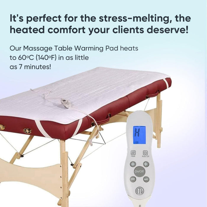 Close-up of the fleece warmer pad applied to the corner of a table, demonstrating the handheld digital controller used to add relaxing warmth.
