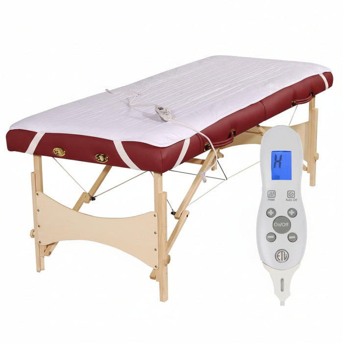 Detail view of the massage table warmer pad with a red trim, showcasing the connection point for the handheld heat controller.
