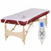 Detail view of the massage table warmer pad with a red trim, showcasing the connection point for the handheld heat controller.