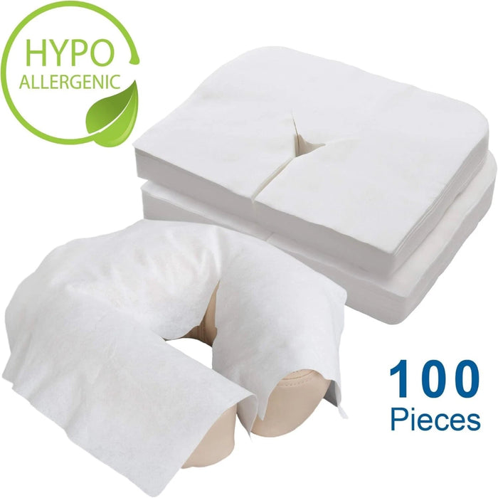 A product graphic for the 100-piece pack of disposable face cradle covers, emphasizing the high-count supply for professional massage therapists.