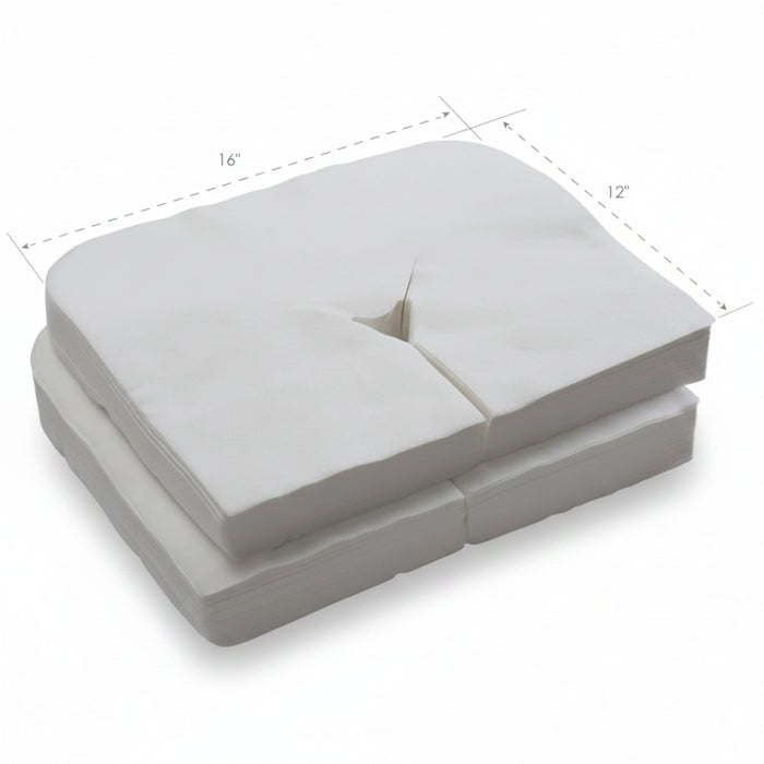 A bulk stack of 100 white disposable face cradle covers, providing a convenient hygiene solution for high-volume wellness practices.