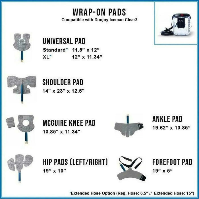 An assortment of compatible DonJoy cold therapy pads for the IceMan CLEAR3 system, showing various anatomical designs for the knee, shoulder, and ankle.