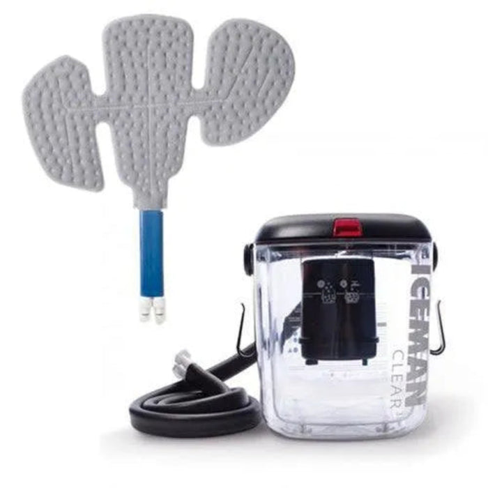 The IceMan CLEAR3 cold therapy unit shown with an anatomical hip pad, providing consistent treatment throughout the pad area.
