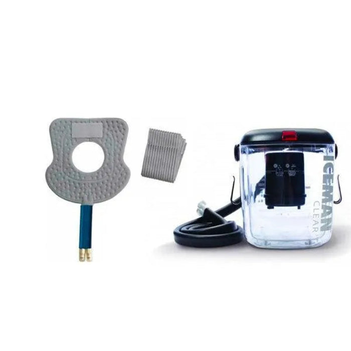 The DonJoy IceMan CLEAR3 unit connected to a universal Knee cold therapy pad, illustrating the plug-and-play operation for post-op recovery.