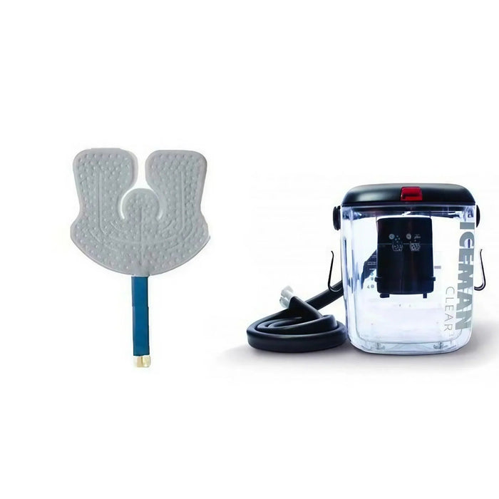 The DonJoy IceMan CLEAR3 unit connected to a universal cold therapy pad, illustrating the plug-and-play operation for post-op recovery.