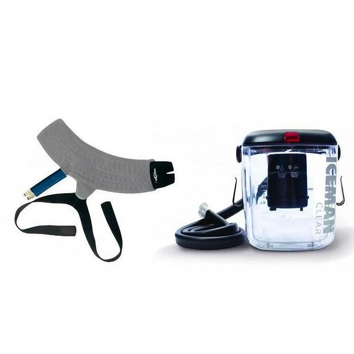 The DonJoy IceMan CLEAR3 unit connected to a universal froefoot cold therapy pad, illustrating the plug-and-play operation for post-op recovery.