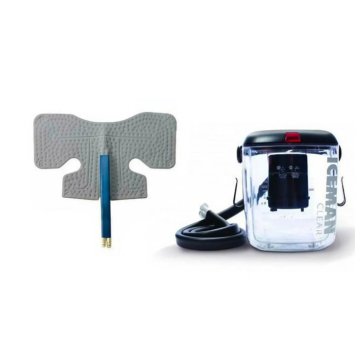 The DonJoy IceMan CLEAR3 unit connected to a universal shoulder cold therapy pad, illustrating the plug-and-play operation for post-op recovery.