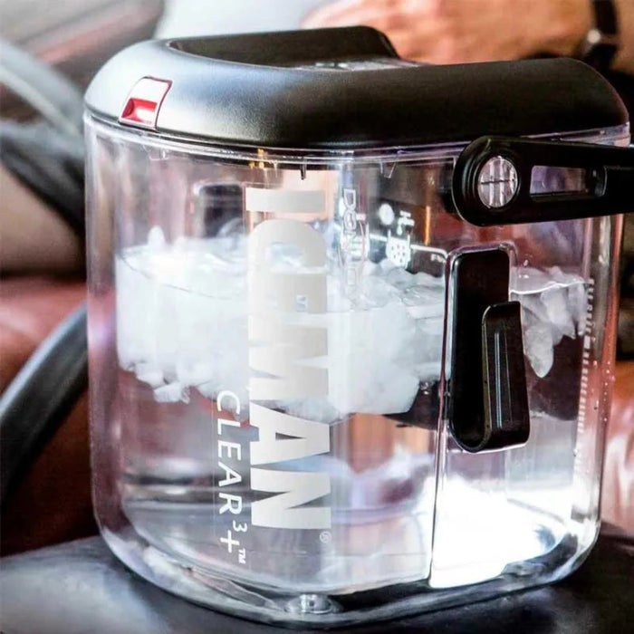A close-up of the transparent IceMan CLEAR3 cooler, highlighting the patient convenience of being able to see water and ice levels for easy refills.