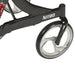 Close-up of Drive Nitro HD rollator front wheel with shock absorber and Nitro branded aluminum frame