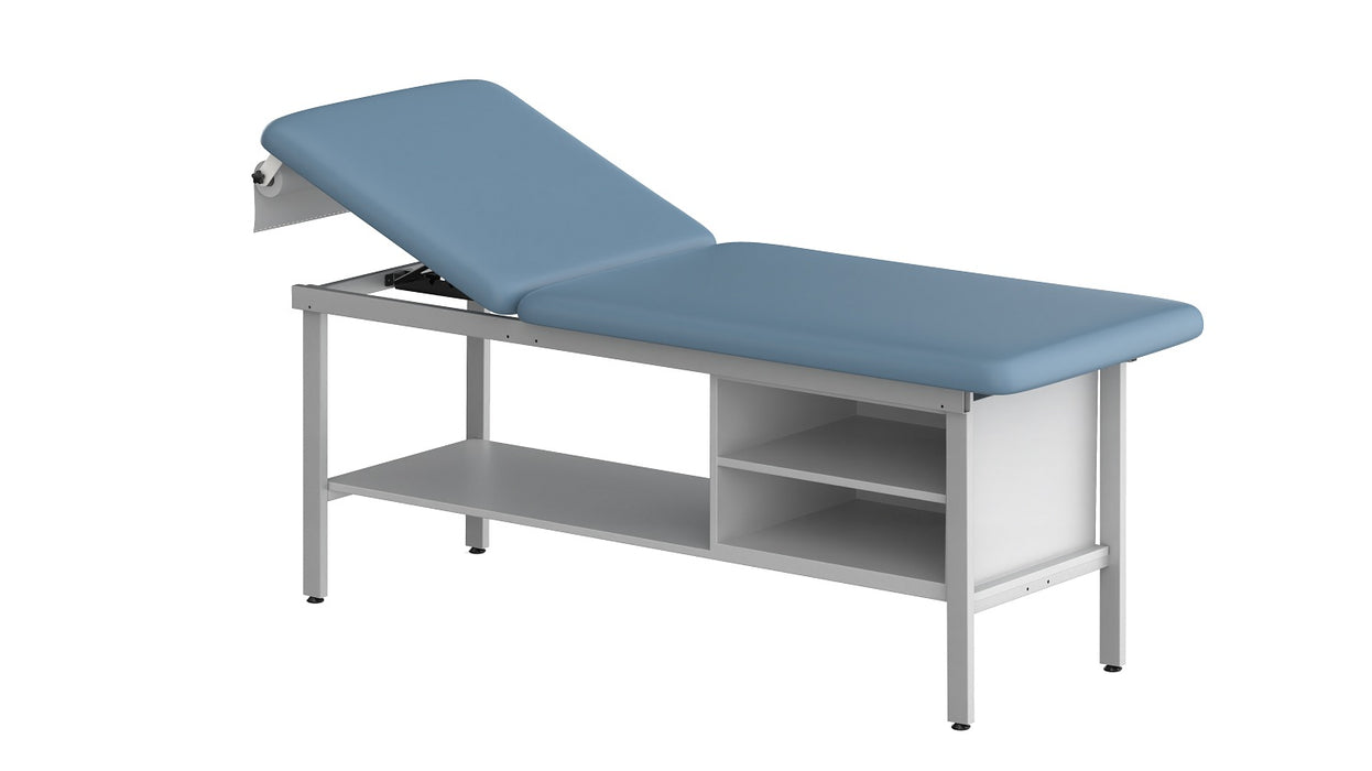 A-Lek Series Steel Stationary Treatment Table with Shelving and Back Rest