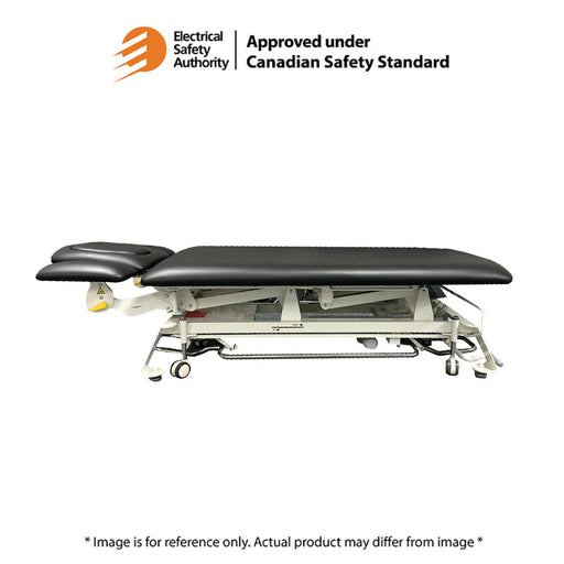 Electric medical treatment table in black upholstery with two sections, approved under Canadian Safety Standard by the Electrical Safety Authority, from Therapy Supply
