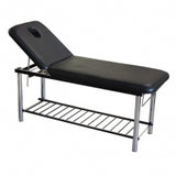 Model 816 facial massage treatment table with adjustable backrest and black vinyl upholstery storage shelf