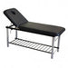 Model 816 facial massage treatment table with adjustable backrest and black vinyl upholstery storage shelf
