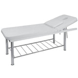 Model 816 facial massage treatment table with adjustable backrest and white vinyl upholstery storage shelf