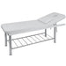 Model 816 facial massage treatment table with adjustable backrest and white vinyl upholstery storage shelf
