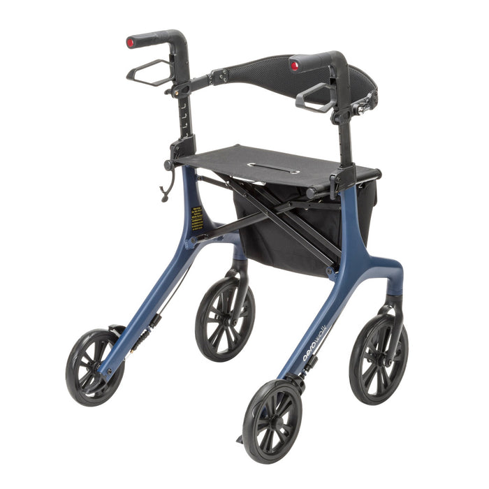 Foldable rollator walker with seat lifted showing storage bag access 4 wheel mobility aid Canada lightweight walking support