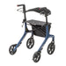 Foldable rollator walker with seat lifted showing storage bag access 4 wheel mobility aid Canada lightweight walking support