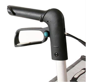 Close-up of Gemino 30 rollator ergonomic handle with brake lever and turquoise laser activation button