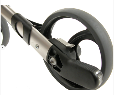 Close-up of Gemino 30 rollator walker wheel and folding mechanism with handlebar grip