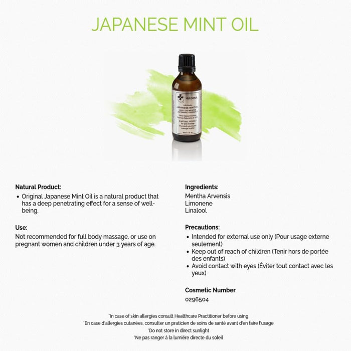 A product information label for HAGINA Japanese Mint Oil, detailing its benefits for headache relief, sinus congestion, and treating sprains.