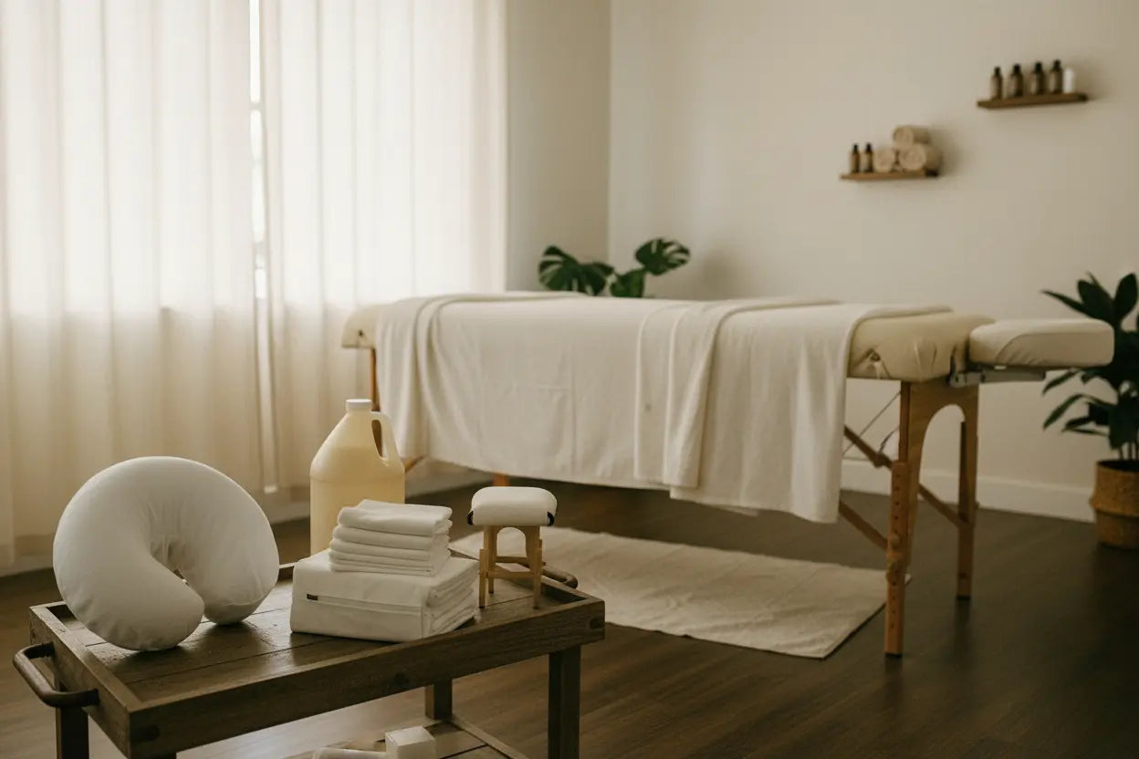 Professional massage therapy room with portable massage table, white flannel sheets, face cradle cushion, massage oil, and stacked towels — premium massage supplies available at Therapy Supply Canada