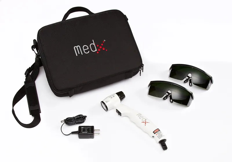 Med-X LCS450 cold laser therapy device complete package including black carrying case, two pairs of protective safety glasses, the laser device, and power adapter, from Therapy Supply