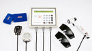 Med-X Rehab Console multi-modality therapy device with attachments including LED light therapy pad, ultrasound applicator, cold laser handpiece, protective glasses, and electrode pads, from Therapy Supply