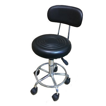 Black medical exam stool with backrest, padded seat, adjustable height, and five-caster wheeled base