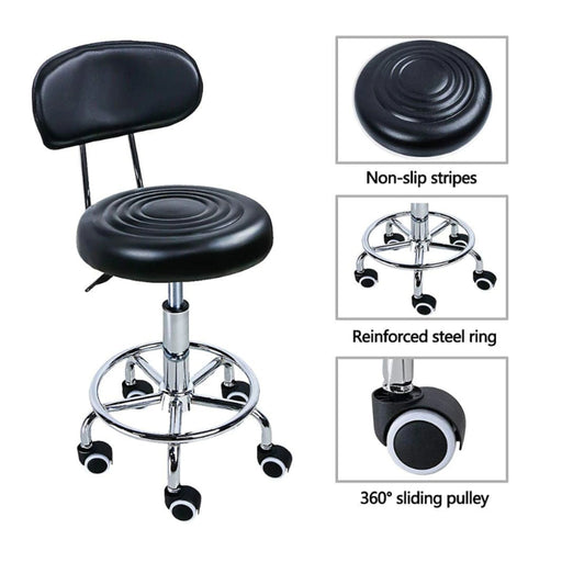 Medical stool with backrest features non slip seat reinforced steel ring and 360 degree rolling wheels clinic chair Canada
