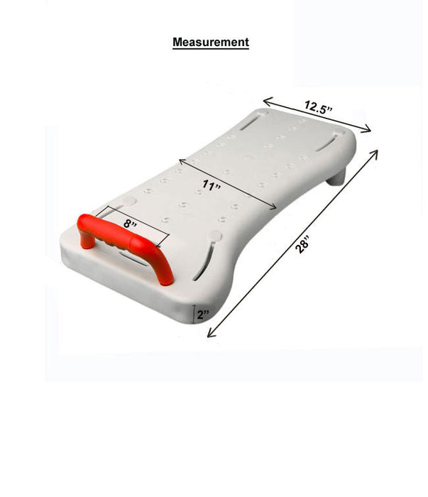 MOBB bath board bathtub transfer seat measurement chart showing dimensions of 28 inches length, 12.5 inches width, 11 inch seat, 8 inch handle and 2 inch thickness