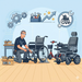 Illustration of a Therapy Supply technician assembling and servicing mobility equipment including a manual wheelchair, mobility scooter, and power wheelchair, with tools and gear icons in the background, representing the mobility assembly and repair service