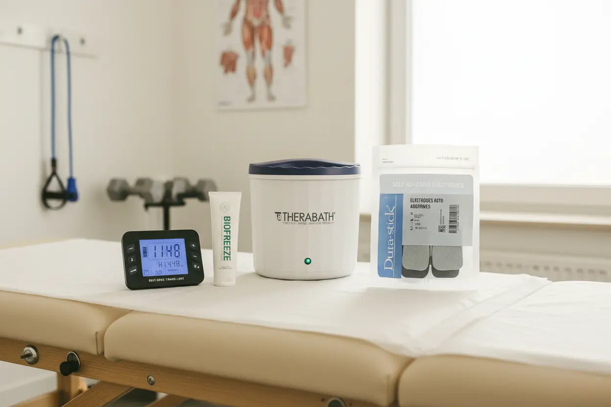 Professional pain relief therapy products on a treatment table including a TENS electrotherapy unit, Biofreeze gel, Therabath paraffin wax bath, and Dura-Stick self-adhesive electrodes in a physiotherapy clinic — shop pain relief supplies at Therapy Supply Canada