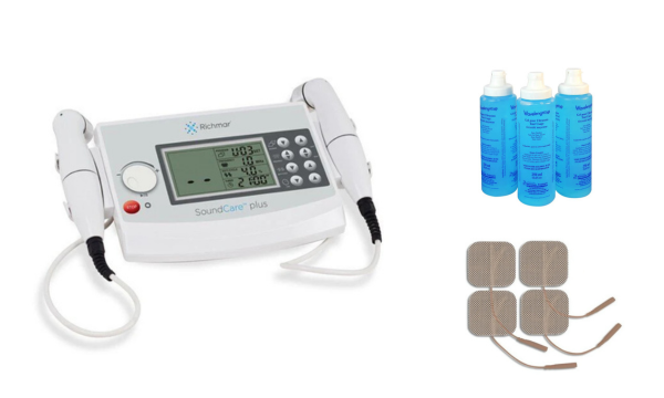 Richmar SoundCare Plus ultrasound therapy device with two applicators, ultrasound gel bottles, and adhesive electrode pads