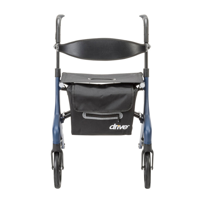 Rollator walker rear view with seat backrest and storage bag mobility aid Canada 4 wheel walking support device