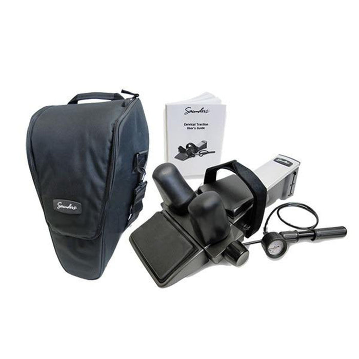 A view of the complete Saunders Cervical Traction kit, including the handheld pneumatic device and the durable black carrying case for portability.