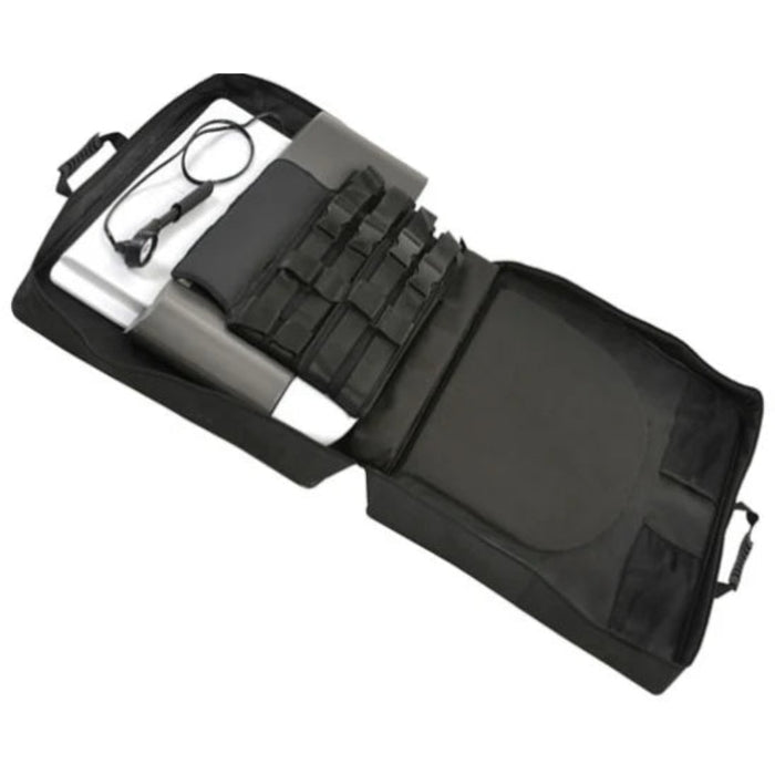 An open view of the Saunders Lumbar device showcasing the pneumatic system, split-table design, and secure harnesses used for controlled traction.