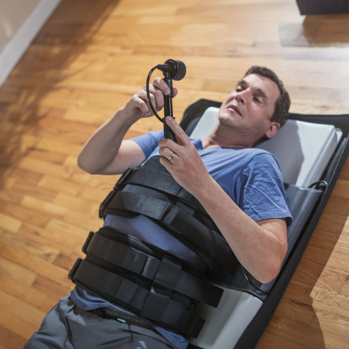 An overhead view of a user undergoing a lumbar traction session at home, illustrating the comfort and secure fit of the clinical-grade device.