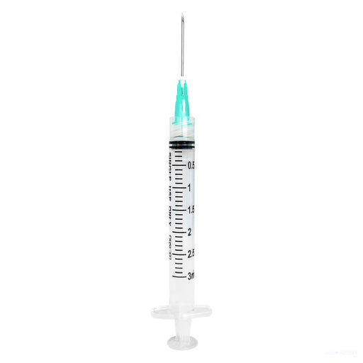 SOL-M 3mL Luer lock syringe with exchangeable needle, teal cap, shown with measurement markings on a white background