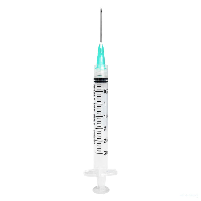 SOL-M 3mL Luer lock syringe with exchangeable needle, teal cap, shown with measurement markings on a white background