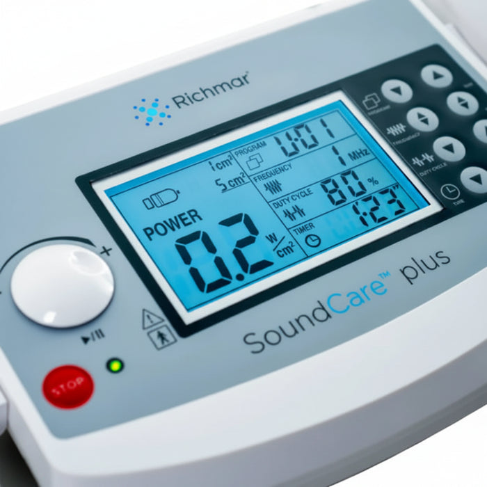 Detailed view of the SoundCare Plus digital interface, showing treatment parameters including frequency, intensity, and timer settings.