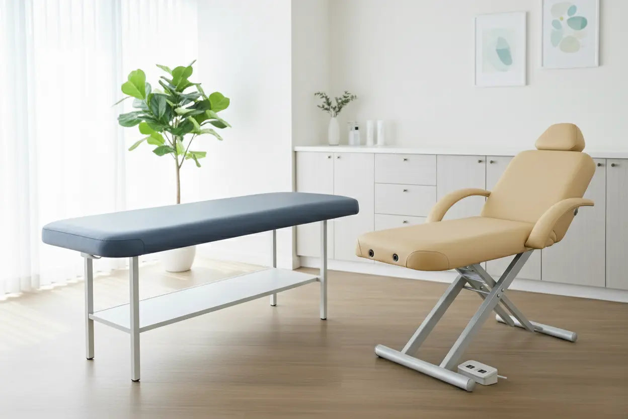 Stationary flat-top treatment table with navy blue upholstery and adjustable electric treatment chair with beige leather in a modern physiotherapy clinic — available at Therapy Supply Canada