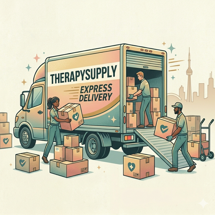 Illustrated graphic of a Therapy Supply Express Delivery truck with team members unloading boxes of medical supplies, set against the Toronto skyline including the CN Tower, representing fast Canada-wide shipping from Therapy Supply