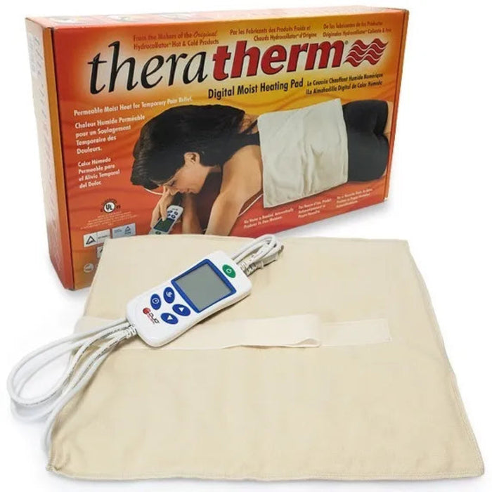 The retail packaging for the Theratherm Digital Moist Heating Pad Standard size, highlighting its use for temporary relief of pain and inflammation.
