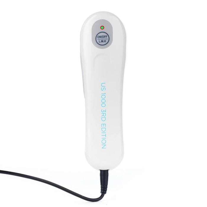 Front view of the ergonomic US 1000 3rd Edition ultrasound wand, highlighting the lightweight design for non-invasive therapy at home.