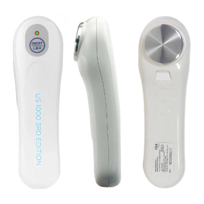 A multi-angle view of the US 1000 3rd Edition handheld wand, showcasing the treatment head and the streamlined control interface.