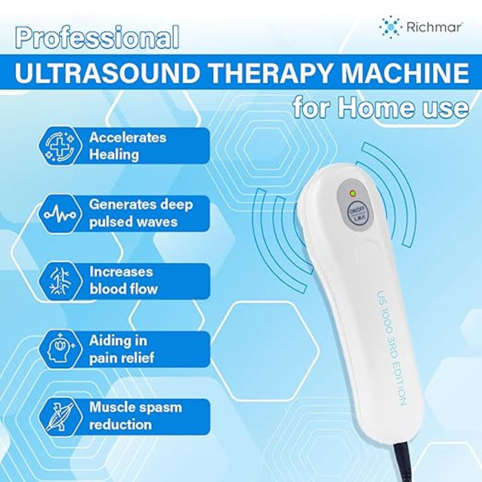 Detailed shot of the US 1000 3rd Edition ultrasound wand and its connected power cable, emphasizing the clinical-grade treatment head.
