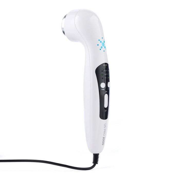 Front view of the US Pro 2000 portable ultrasound therapy wand featuring a white ergonomic handle with digital display and treatment controls