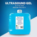 A product graphic for the Wavelength 5 Litre ultrasound gel jug, highlighting its water-soluble, hypoallergenic, and non-corrosive formula.