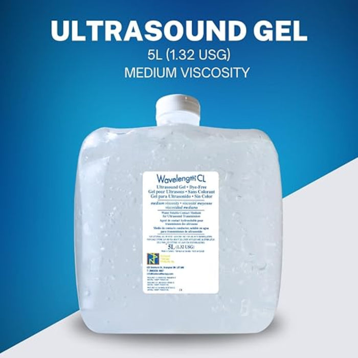 A product graphic for the Wavelength 5 Litre ultrasound gel jug, highlighting its water-soluble, hypoallergenic, and non-corrosive formula.
