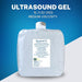A product graphic for the Wavelength 5 Litre ultrasound gel jug, highlighting its water-soluble, hypoallergenic, and non-corrosive formula.